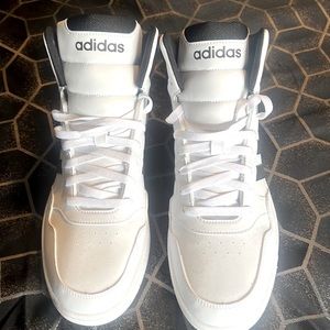 Adidas original high tops. All white with black trim and writing. Super special